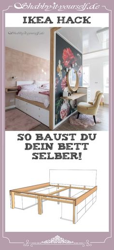 an advertisement for a bed frame with the words ikea hack in german and english