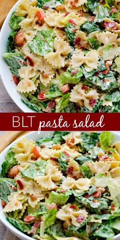 two plates filled with pasta salad on top of a wooden table