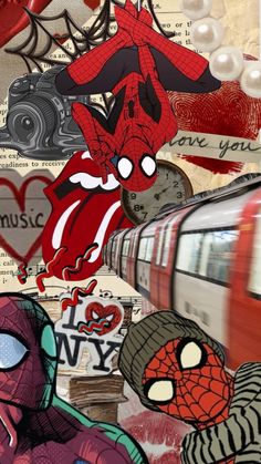 the rolling stones and spider - man collaged together in front of a train