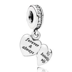 This sweet sterling silver locket is the perfect gift for showing your wife how much you love and appreciate her.  A heart dangling from a bale of sparkling cubic zirconia stones is engraved with the words "forever and always" on one side, and "My beautiful wife" on the other, a charming reminder of your love for her she is sure to cherish.<br><br> <b> Style</b> 791524CZ Pandora Family Charm, Pandora Family, Forever And Always, Cuff Bracelets Handmade, Sterling Silver Locket