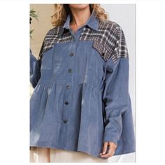 Peplum Blue Corduroy Shacket-Top-New By Ces Femme. Large : 29' Ptp. Runs A Little Big. Gorgeous!! Quilted Long Jacket, Check Vest, Corduroy Shacket, Baggy Tops, Spring Coat, Blue Corduroy, Checked Jacket, Peplum Styles, Cool Summer