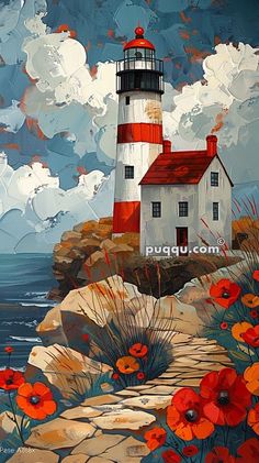 a painting of a lighthouse with red and white flowers