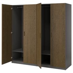 two brown cupboards sitting side by side on top of each other, one open and the other closed