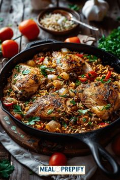 chicken and rice in a skillet on a wooden table with tomatoes, parsley