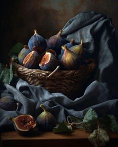 a painting of figs in a basket on a table