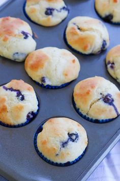 freshly baked blueberry muffins sitting on a baking tray ready to be eaten