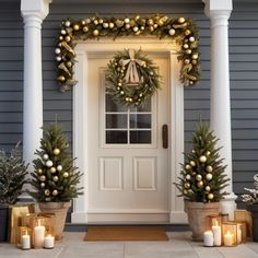 a front door decorated with christmas wreaths and candles