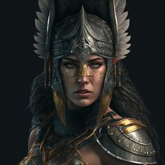 a woman in armor with feathers on her head