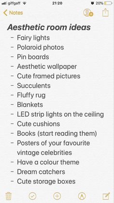 the aesthetic room ideas list is displayed on an iphone screen, with text above it
