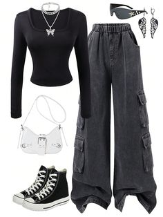 2pcs/Set Teen Girl Square Neck Long Sleeve T-Shirt And Cargo Jeans Black     Plain  Slight Stretch  Teen Girls Clothing, size features are:Bust: ,Length: ,Sleeve Length: Korean Clothing Brands, Adrette Outfits, Jeans Cargo, Simple Trendy Outfits, Cute Everyday Outfits, Inspired Outfits