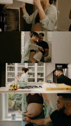 a pregnant woman sitting on top of a kitchen counter next to a man holding a baby