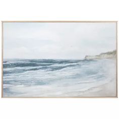 an ocean scene with waves crashing on the beach