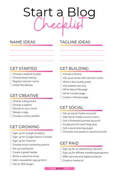 a checklist with the words start a blog and get paid in pink on it