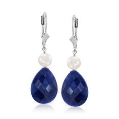 20.00 ct. t.w. Sapphire and Cultured Pearl Drop Earrings in Sterling Silver | Ross-Simons Sapphire Jewelry Set, Sapphire Drop Earrings, Opal Drop Earrings, Pearl Birthstone, Sapphire Necklace Pendants, Wedding Earrings Drop, Fine Jewelery, Beaded Drop Earrings, Cz Stud Earrings