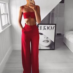 These Are The Limited Edition Maite Red Wide Pants. Pristine Condition. Trousers From House Of Cb. Suit With Suspenders, Fashionable Work Outfit, Collar Jumpsuit, Red Pants, House Of Cb, Looks Chic, Girls Fashion Clothes, Pants Color, Tulum