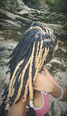 Died Locs Ideas, Locs With Skunk Stripe, Locs With Blonde Highlights, Skunk Stripe Dreads, Skunk Stripe On Locs, Skunk Stripe Locs, Loc Colors, Loc Hairstyles