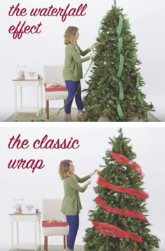 a woman decorating a christmas tree with ribbon