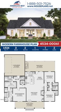 the floor plan for this modern farmhouse house with 3 beds, 2 baths and an attached garage