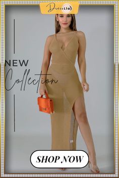 Elegant Solid Color Deep V Neck Side Split Stretch Sleeveless Summer Party Sexy Bodycon Beach Long Dress Chic Sleeveless Backless Dress For Beach Season, Chic Sleeveless Maxi Dress For Club, Chic Bodycon Maxi Dress For Summer, Chic Bodycon Summer Maxi Dress, Beige Maxi Dress For Summer Party, Beige Summer Party Maxi Dress, Beach Season Club Bodycon Dress, Beige Spaghetti Strap Bodycon Dress For Party, Chic Maxi Length Bodycon Dress For Summer