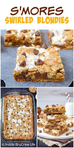 s'mores swirled blondies recipe with chocolate chips and marshmallows