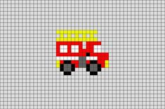 a pixellated image of a red truck with yellow and gray stripes on it's side