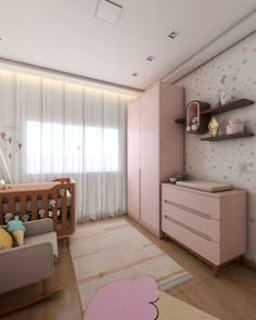 a baby's room with pink furniture and polka dots on the walls, along with a teddy bear rug