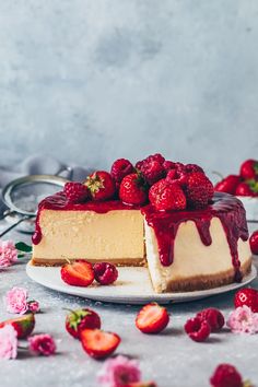 a slice of cheesecake with strawberries on top