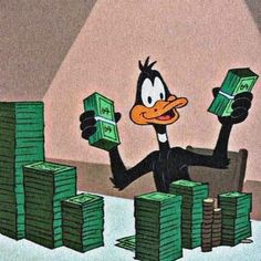 a cartoon duck with stacks of money in his hands