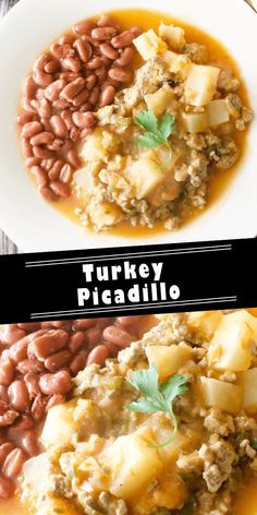 two plates with different types of food on them and the words turkey picadillo above it