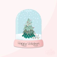 a snow globe with a christmas tree in it and the words happy holidays written underneath