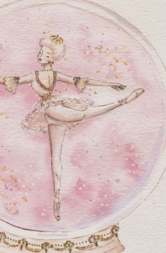 a watercolor painting of a ballerina in a snow globe with gold chains around her ankles