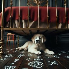 a dog laying under a bed with writing on the floor