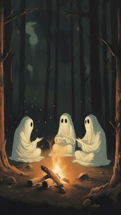 two ghost sitting around a campfire in the woods