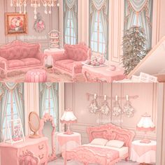 a pink bedroom with chandelier, couches and tables in it's center