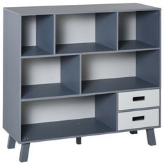 a gray and white bookcase with drawers