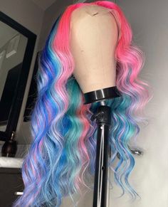 Rainbow Hair Color Wigs, Pink And Purple Wig Install, Pink Purple Lace Front Wig, Rainbow Human Hair Wig, Pastel Rainbow Wig, Lemonade Braids Hairstyles, Rave Hair, Creative Hair Color