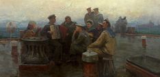 an oil painting of men playing the accordions on a pier with other people watching