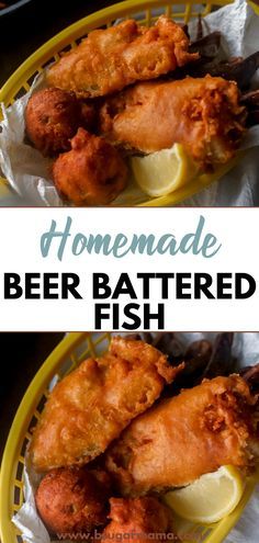 homemade beer battered fish with lemon wedges