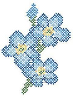 a cross stitch pattern with blue flowers in the center and green stems on each side