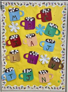 a bulletin board with coffee mugs and snowflakes on it's sides