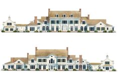 two views of a large white house with windows and balconies on each floor