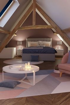 an attic bedroom with a bed, couch and coffee table in the middle of it