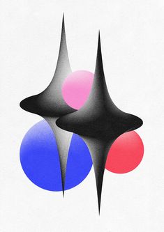 an image of three abstract shapes on a white background with red, blue and pink circles