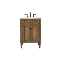 a wooden sink cabinet with two faucets on top