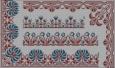 a cross stitch pattern with blue and red flowers on it, in the shape of letters