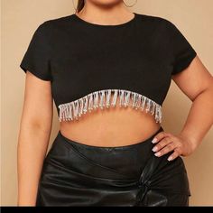 Black Crop Top With Rhinestone Fringe In Size 2 Xl Brand New With Packaging Elegant Black Crop Top With Rhinestones, Black Tops With Rhinestone Fringe For Night Out, Elegant Black Rhinestone Crop Top, Black Fitted Crop Top With Rhinestones, Silver Fitted Crop Top With Rhinestones, Silver Rhinestone Fitted Crop Top, Fitted Silver Tops With Bling, Silver Fitted Tops With Bling, Black Rhinestone Fringe Top For Evening