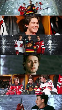 the hockey players are all smiling and posing for pictures in their uniforms, while one man is