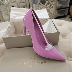 New In Box, 7.5! Purple Round Toe Heels For Office, Purple Pointed Toe Heels With 4-inch Heel, Purple Heels With 4-inch Pointed Toe, Chic Purple Pointed Toe Heels, Lavender Pointed Toe Heels For Formal Occasions, Lavender High Heel Heels For Formal Occasions, Hot Pink Shoes, Marc Fisher Sandals, Black Pointed Toe Heels