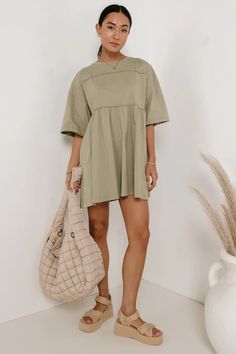 Lennox Mini Dress in Olive Printed Satin Dress, Capsule Wardrobe Essentials, Italy Outfits, Tiered Midi Dress, New Wardrobe, Ruffle Dress, New Outfits, Denim Dress, Round Neckline