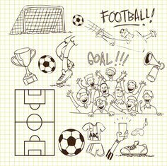 hand drawn doodles on the theme of sports and football, including soccer ball, goal, cup, trophy, scoreboard